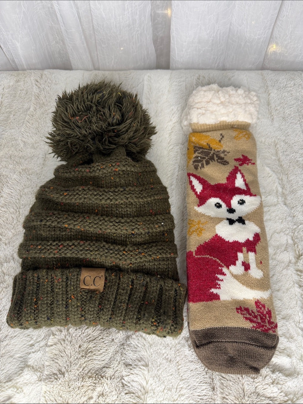 C.C Olive Pom Beanie with Fox Pattern Cozy Socks